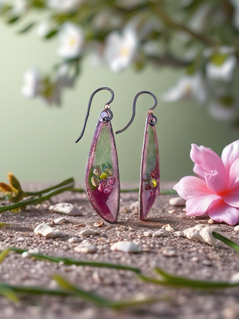 Teardrop-shaped earrings with floral design on a natural background with flowers.