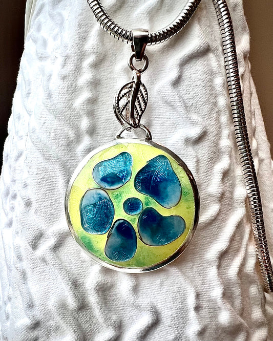 Floral Enameled Pendant Necklace – Handcrafted Sterling Silver with Blue Cloisonné Flowers