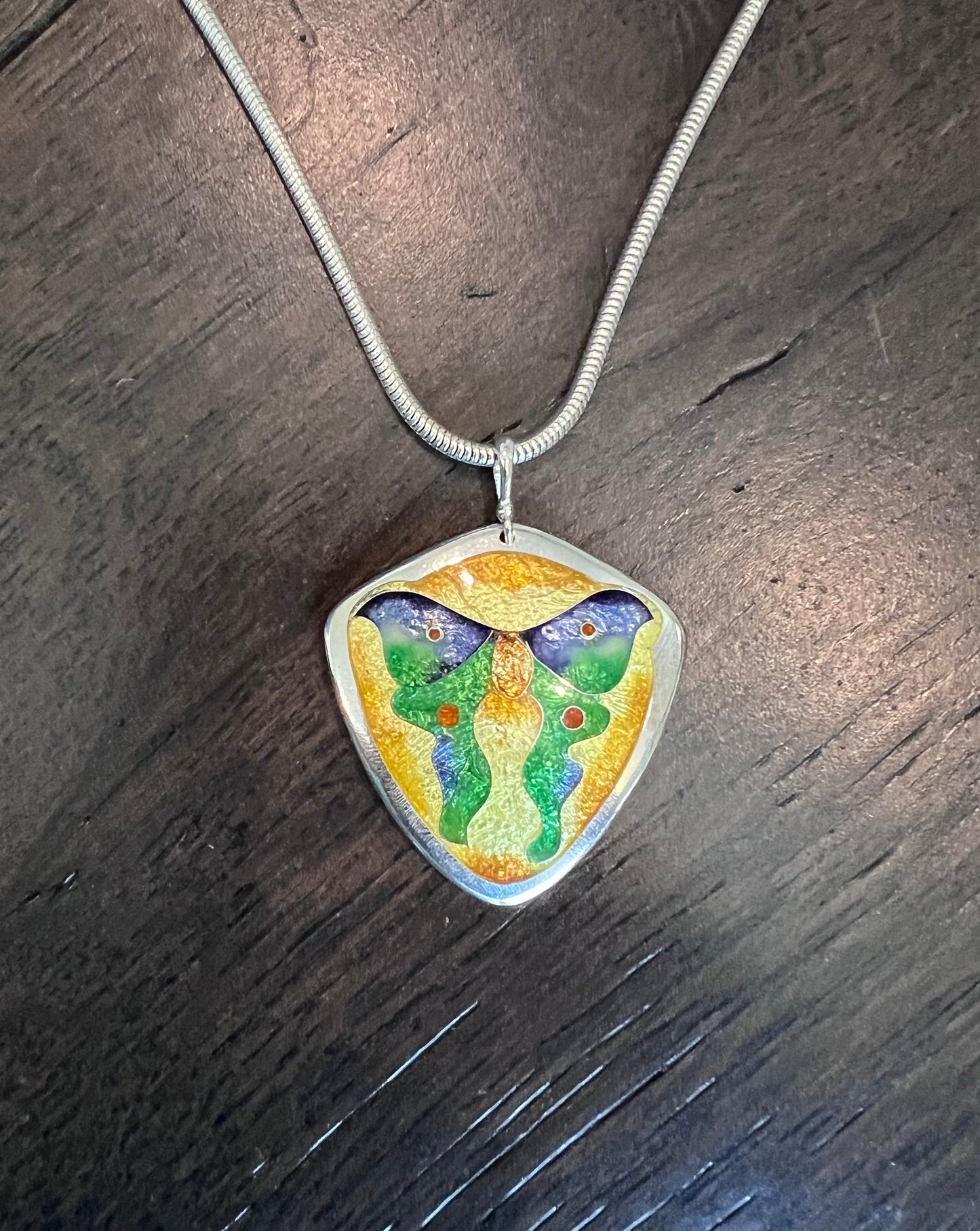 Colorful pendant on a chain against a wooden background