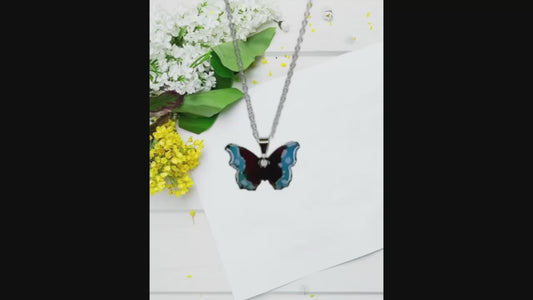 Enamel Butterfly Pendant Necklace. Sterling Silver Chain, Handcrafted Copper Jewelry for Women