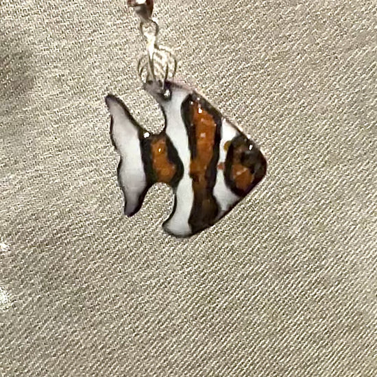 Video of clown fish pendant, orange white and black fish